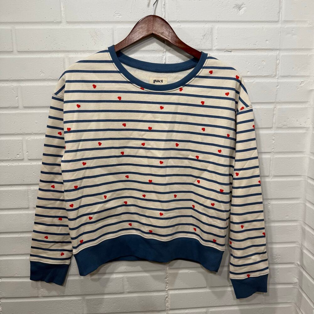 Pact NWT Scattered Hearts Slouchy Sweatshirt Striped Blue Sml Organic Valentines